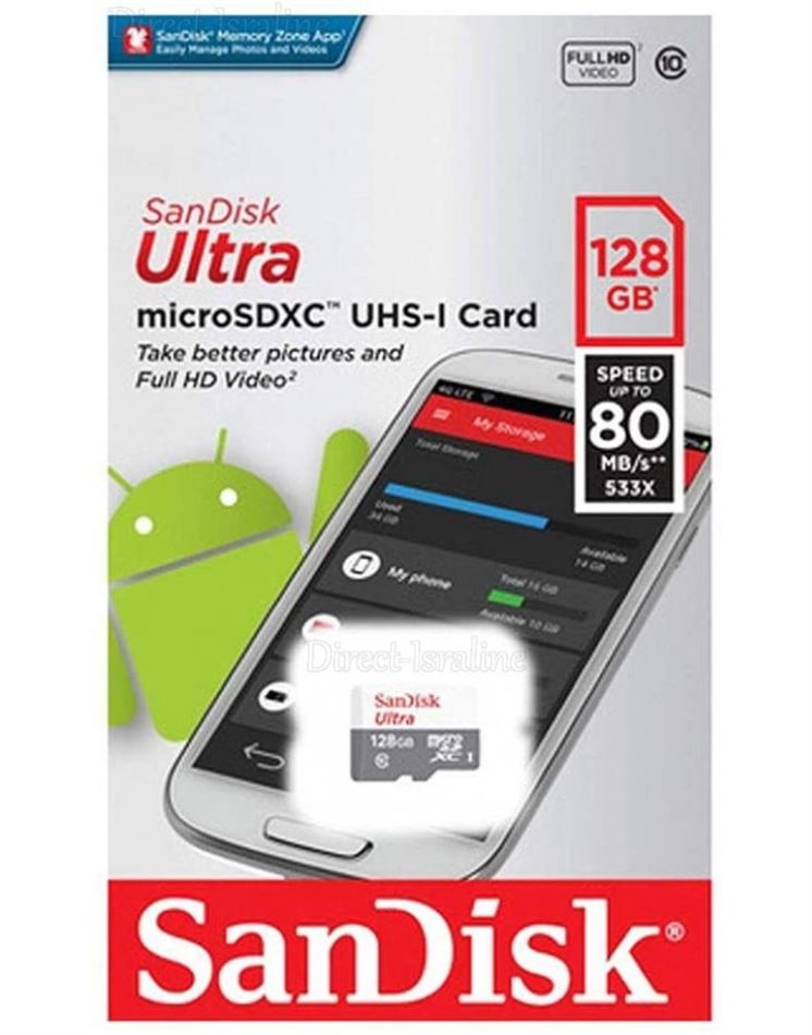 כרטיס זיכרון סאנדיסק מיקרו Micro SD נפח 128GB