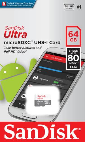 כרטיס זיכרון סאנדיסק מיקרו Micro SD נפח 64GB